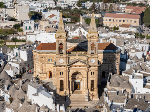 Aerial drone photo of the church in the town center of Alberobello, Puglia Italy.