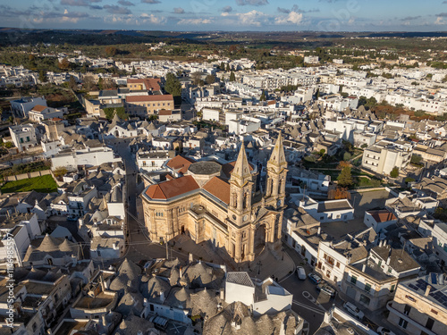 Aerial drone photo of the church in the town center of Alberobello, Puglia Italy.
