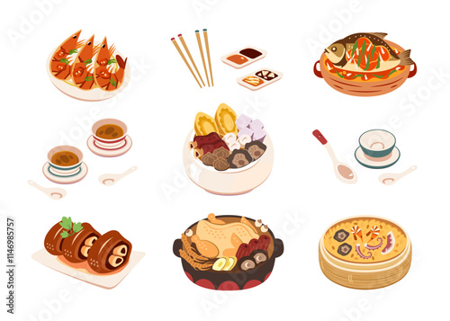 Traditional Chinese New Year dinner dishes. There are buddhas temptation, hot pot, shrimps, steamed glutinous rice, sauce dish, chicken, stewed pork leg and fish isolated on white background.