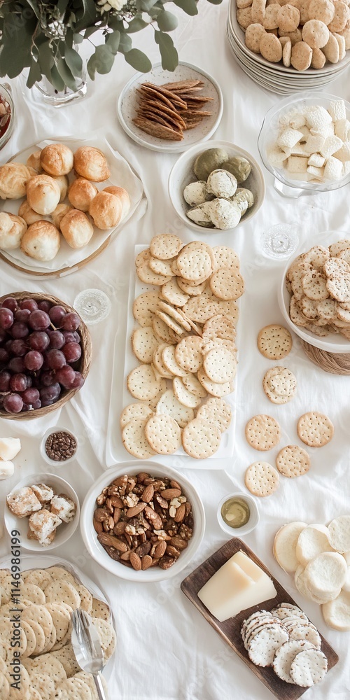 A beautifully arranged selection of crackers, cheese, nuts, and grapes on a white tablecloth, perfect for a gourmet snack or appetizer. A beautifully arranged selection of crackers, cheese, nuts, and grapes on a white tablecloth, perfect for a gourmet snack or appetizer.