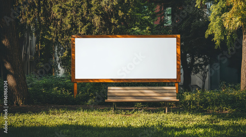 Fototapeta Naklejka Na Ścianę i Meble -  A park scene with a wooden bench and a large blank billboard nestled amongst lush greenery and trees