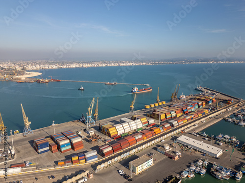 Aerial drone photo of the harbour and container terminal in Durres, Albania.