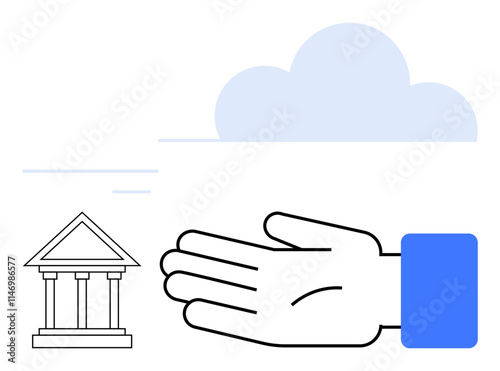 Hand reaching towards a bank building under a cloud. Ideal for finance, banking, support, reliability, protection, economic stability, and cloud services themes. Line metaphor