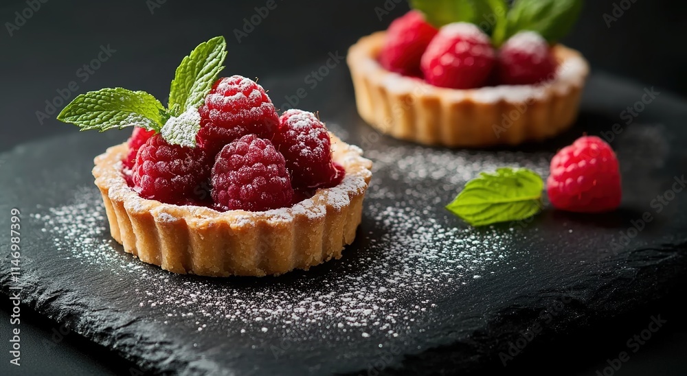 Tartlet with raspberries and mint on a black slate background Tartlet with raspberries and mint on a black slate background