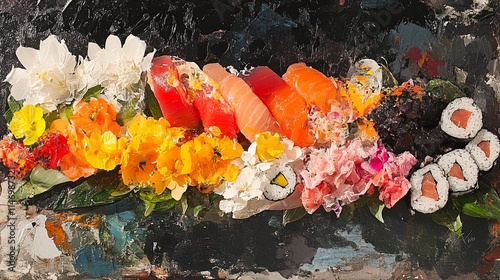 A colorful and vibrant arrangement of sushi and flowers on a dark background.