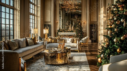 Elegant Holiday Living Room Decor with Gold Accents and Festive Spirit in Luxurious Setting