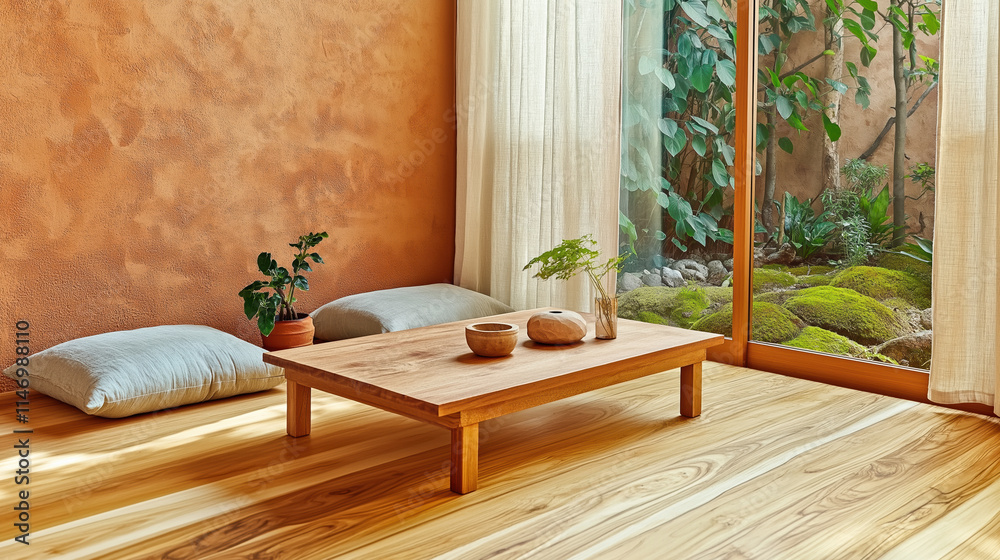 Fototapeta premium Serene wabi sabi interior with wooden table and greenery for tranquil living spaces