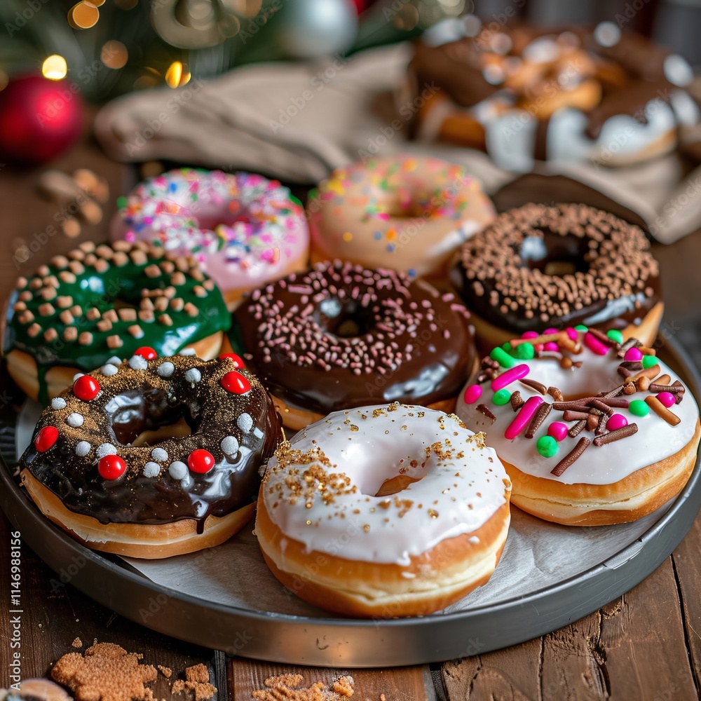 A tray of assorted donuts with a variety of toppings. Some of the donuts are chocolate, while others are white A tray of assorted donuts with a variety of toppings. Some of the donuts are chocolate, while others are white