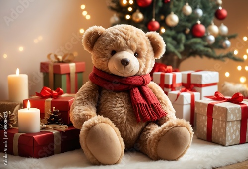 A teddy bear with a scarf sitting on white fur, surrounded by Christmas gifts and candles. The background features a decorated tree in the distance
