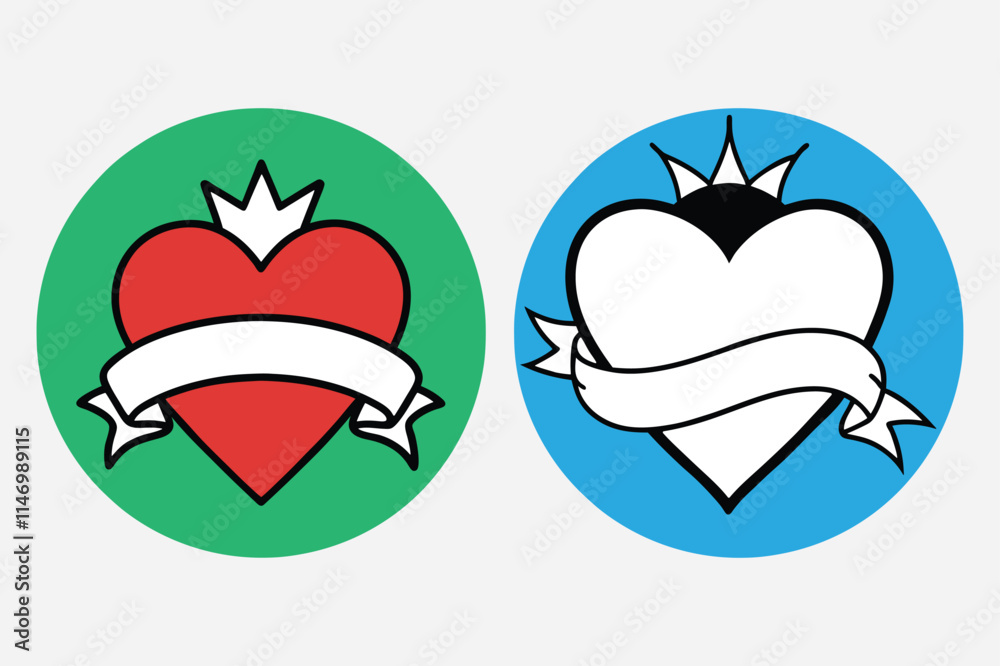 Red and White Heart Tattoo with Ribbon Banner Icon Design. Red and White Heart Tattoo with Ribbon Banner Icon Design.