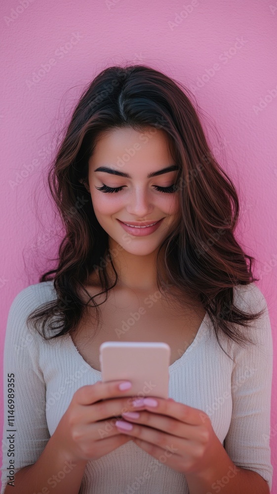 Woman is holding a cell phone and smiling Woman is holding a cell phone and smiling