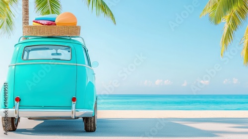 Turquoise vintage van parked on beach with luggage on roof rack.