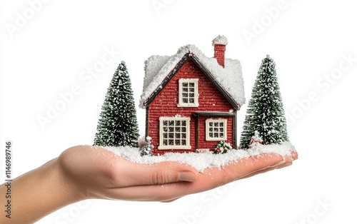 Hand holding christmas house isolated stock photo on white background photo