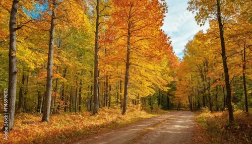 A vibrant autumn landscape with trees displaying brilliant fall colors