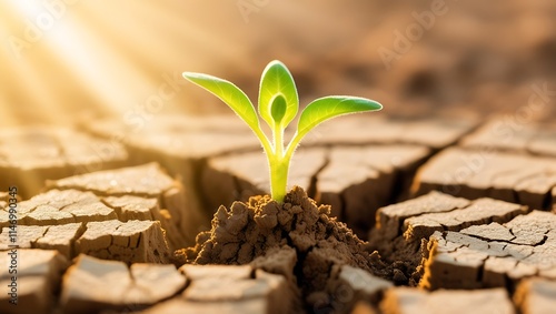 This captivating image portrays the resilience of nature in the face of adversity. A tender green sprout emerges from cracked, parched soil, its delicate leaves reaching for the sunlight.