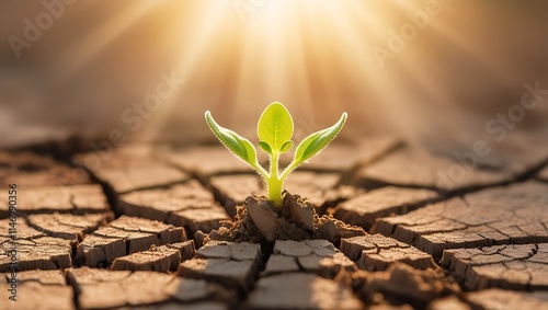 This captivating image portrays the resilience of nature in the face of adversity. A tender green sprout emerges from cracked, parched soil, its delicate leaves reaching for the sunlight.