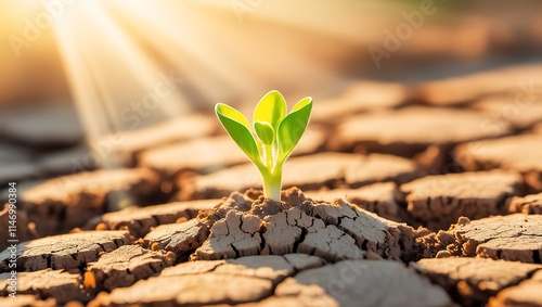 This captivating image portrays the resilience of nature in the face of adversity. A tender green sprout emerges from cracked, parched soil, its delicate leaves reaching for the sunlight.