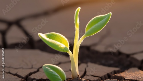 This captivating image portrays the resilience of nature in the face of adversity. A tender green sprout emerges from cracked, parched soil, its delicate leaves reaching for the sunlight.