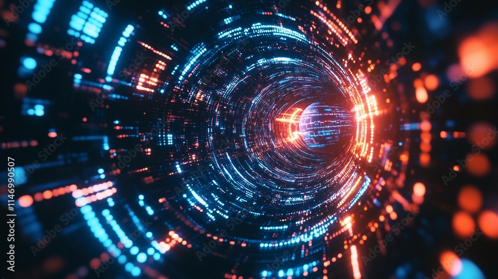 Digital planets rotating in a vibrant neon tunnel at night. Generative AI Digital planets rotating in a vibrant neon tunnel at night. Generative AI