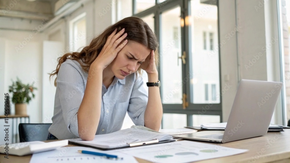 woman working in office has headache and holds her head
woman working in office has headache and holds her head