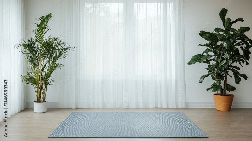 Serene ambiance and relaxing spiritual, A serene indoor space featuring a light blue yoga mat, adorned with potted plants, and bathed in natural light through sheer curtains. Serene ambiance and relaxing spiritual, A serene indoor space featuring a light blue yoga mat, adorned with potted plants, and bathed in natural light through sheer curtains.