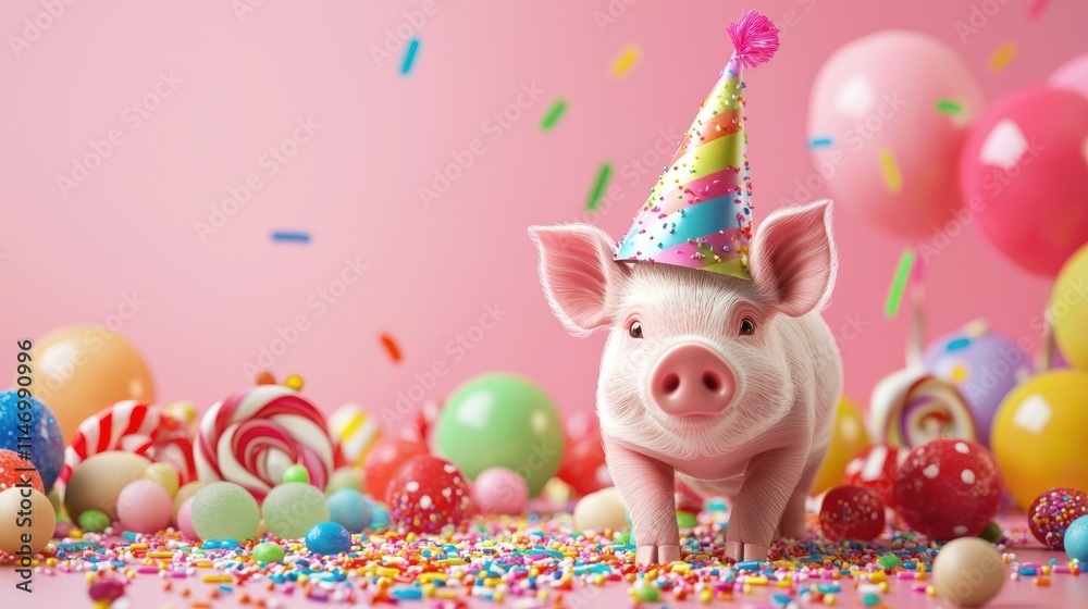 Celebrate with a cute pig in party hat surrounded by colorful treats and confetti Celebrate with a cute pig in party hat surrounded by colorful treats and confetti
