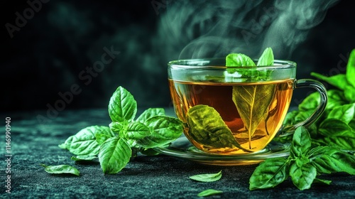 Steaming cup of herbal tea with fresh basil leaves.
