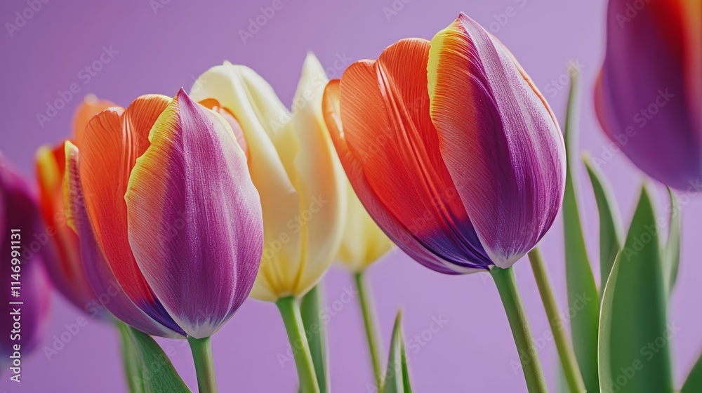 Vibrant tulips against a soft lavender background, close-up shot, Minimalist style