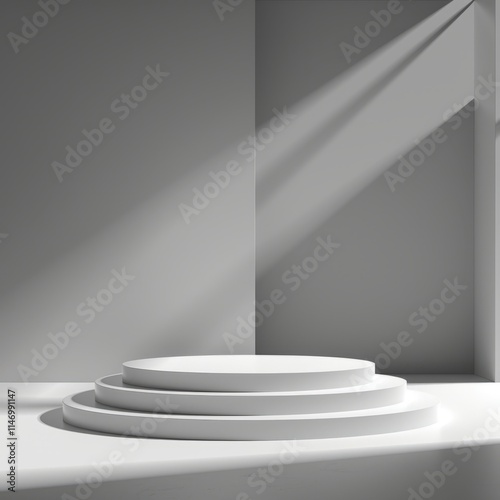 A minimalist white pedestal in a sunlit room, showcasing geometric shadows and modern architectural elements.