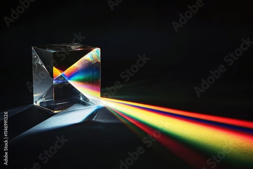 A glass cube prism refracts light, separating it into the visible spectrum of colors. photo