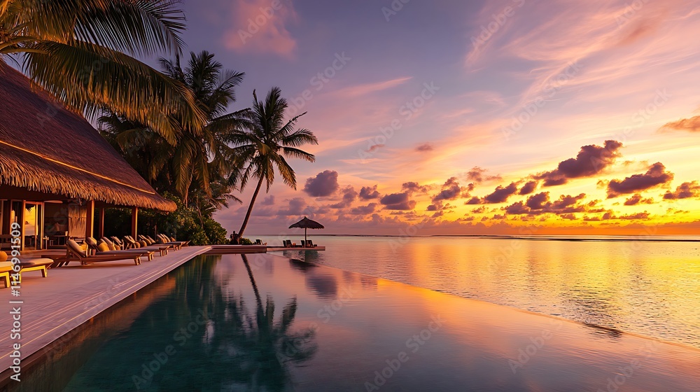 Obraz premium Golden hour view of ocean with soft glowing sunset colors and reflections in Maldives