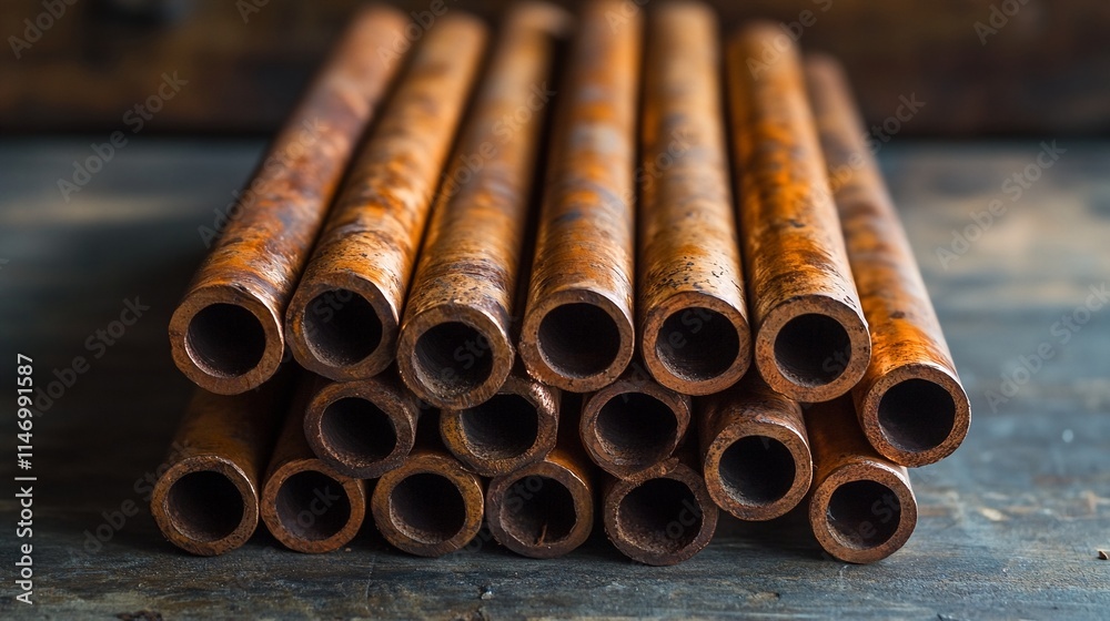 Copper Pipes Stacked on Table. Copper Pipes Stacked on Table.