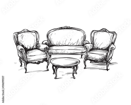 Sofa two armchairs vector illustrations - hand drawn sofa two armchairs - black and white sofa two armchairs isolated on white background