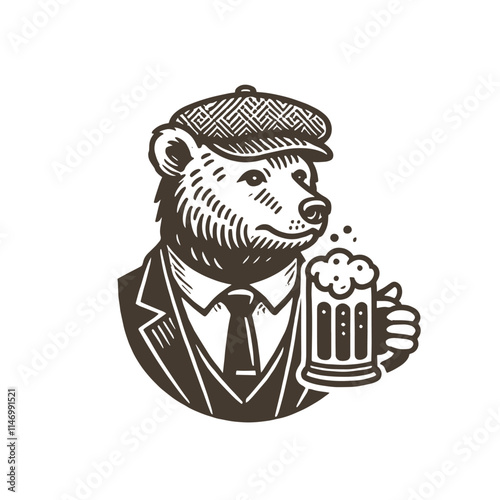 Vintage illustration of a bear in a suit holding a mug of beer.