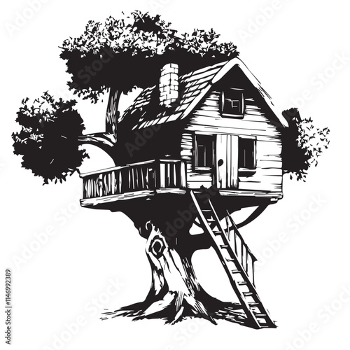 
wooden house on a tree with stairs leading to it