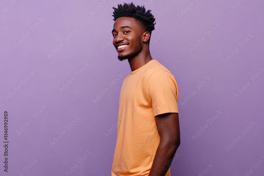 Obraz premium Smiling young African American man in casual orange t shirt