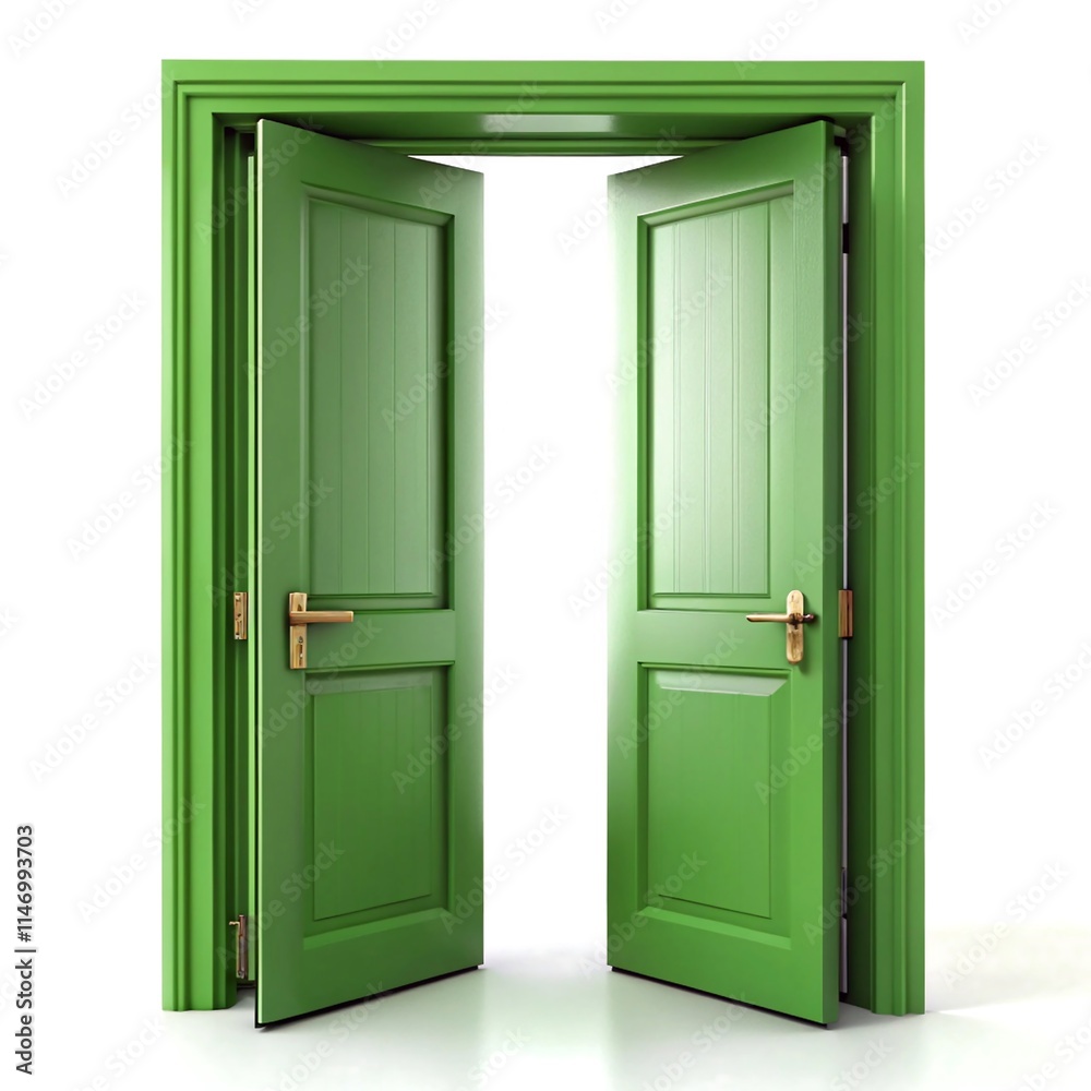 Open Green Double Door Inviting Entrance on White Background Open Green Double Door Inviting Entrance on White Background