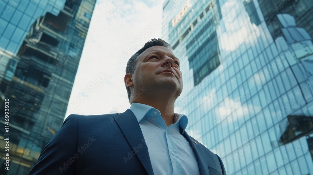 Portrait of businessman outdoors against the backdrop of glass multi-story offices Portrait of businessman outdoors against the backdrop of glass multi-story offices