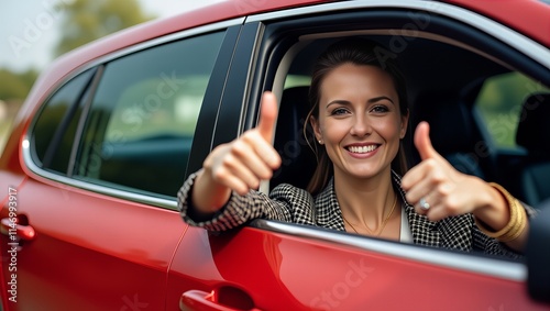 Smiling Woman Giving Thumbs Up in Red Car Window
