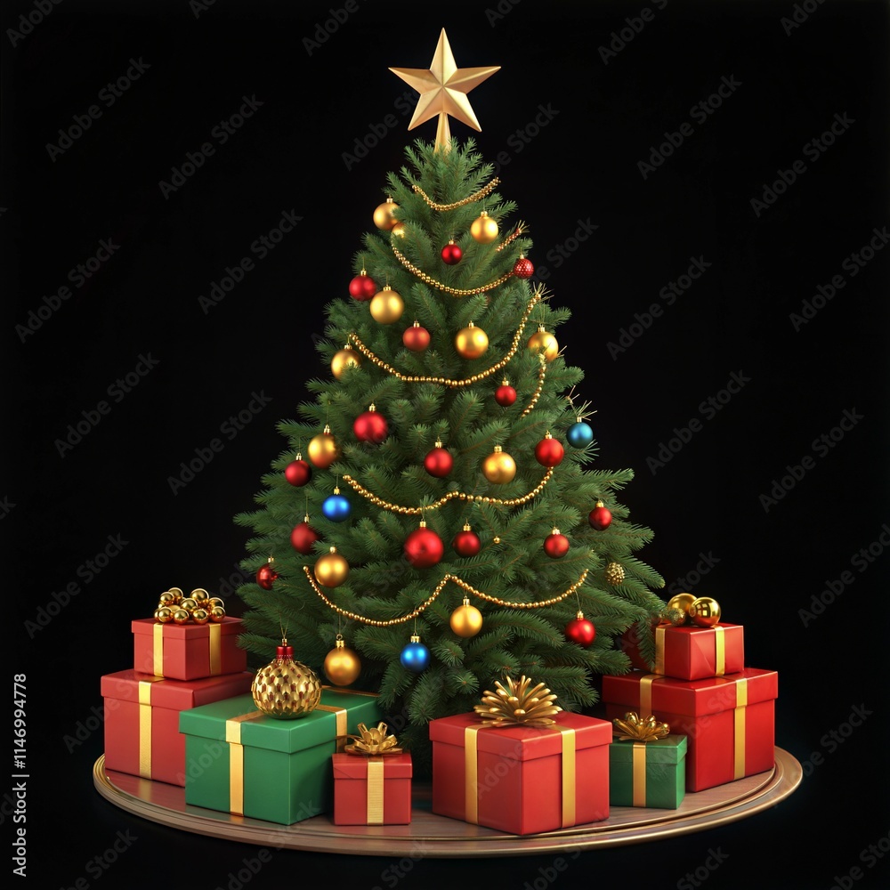 a festive Christmas tree with lush, green branches adorned with gold, red, and yellow ornaments