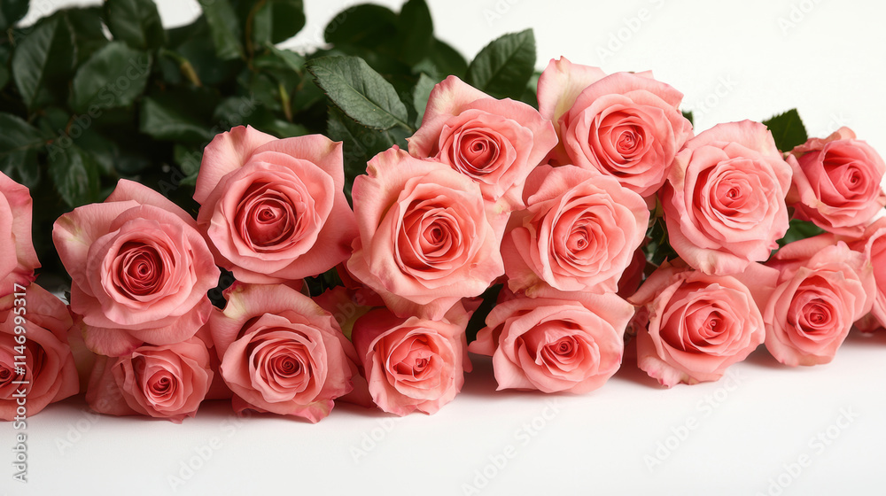 Obraz premium beautiful arrangement of blooming pink roses, showcasing their delicate petals and lush green leaves