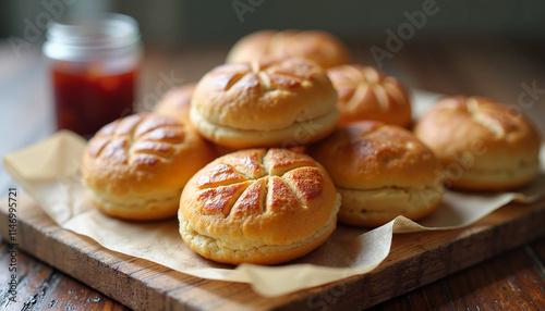 Freshly baked soft buns on a wooden platter, served with jam on the side 