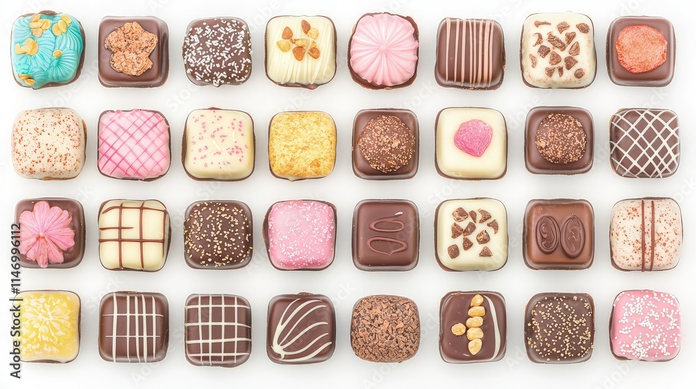 Assorted gourmet chocolate squares in a grid. Assorted gourmet chocolate squares in a grid.