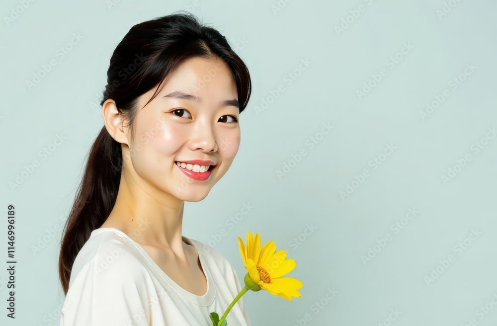 Portrait of happy asian girl with red flower, airy cute shot on clean background, flowing hair, space for text, women's day Portrait of happy asian girl with red flower, airy cute shot on clean background, flowing hair, space for text, women's day