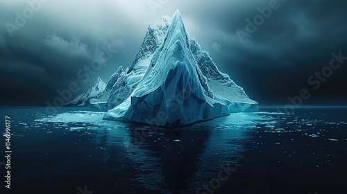 A massive iceberg shaped like a triangular, snow-covered mountain floating in the middle of a dark, stormy deep-blue ocean. clearly reveals both the upper portion of the iceberg above the water. photo