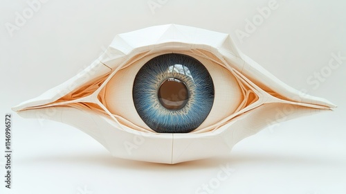 Intricate paper sculpture emulating an eye, showcasing detailed photo