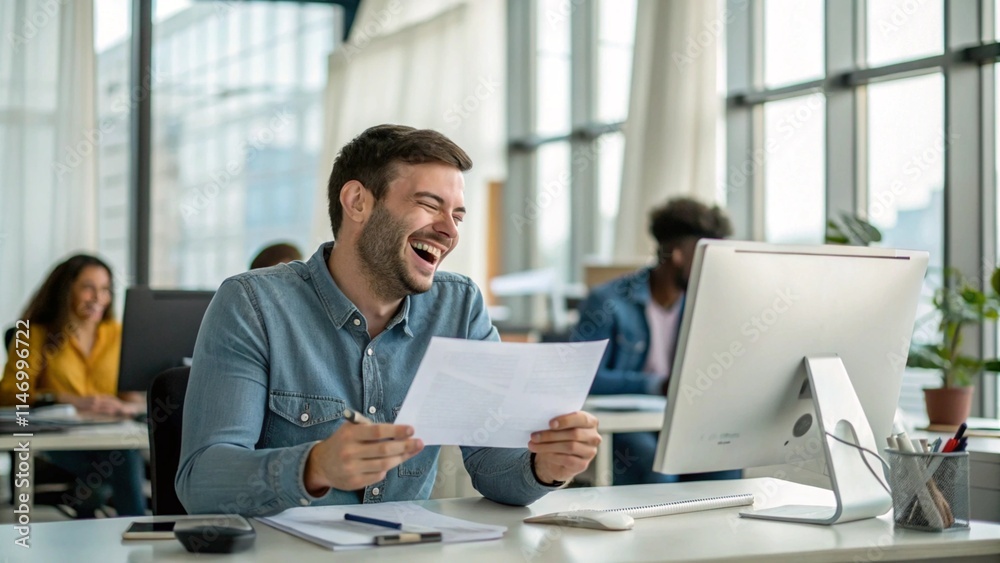man working in the office receives happy news
