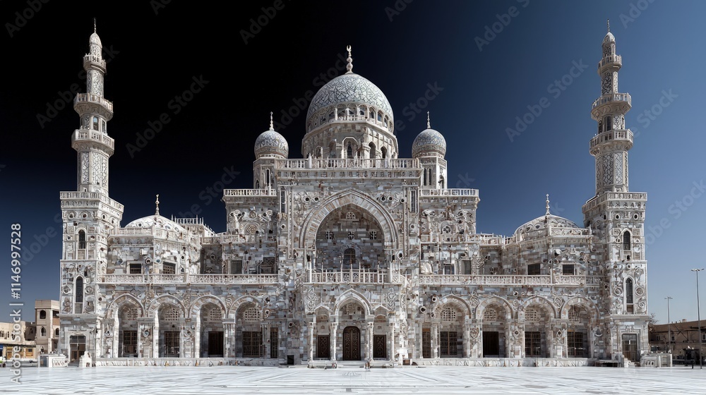 Fototapeta premium Grand white marble mosque with a large central dome and two tall minarets stands symmetrically under a deep blue sky.