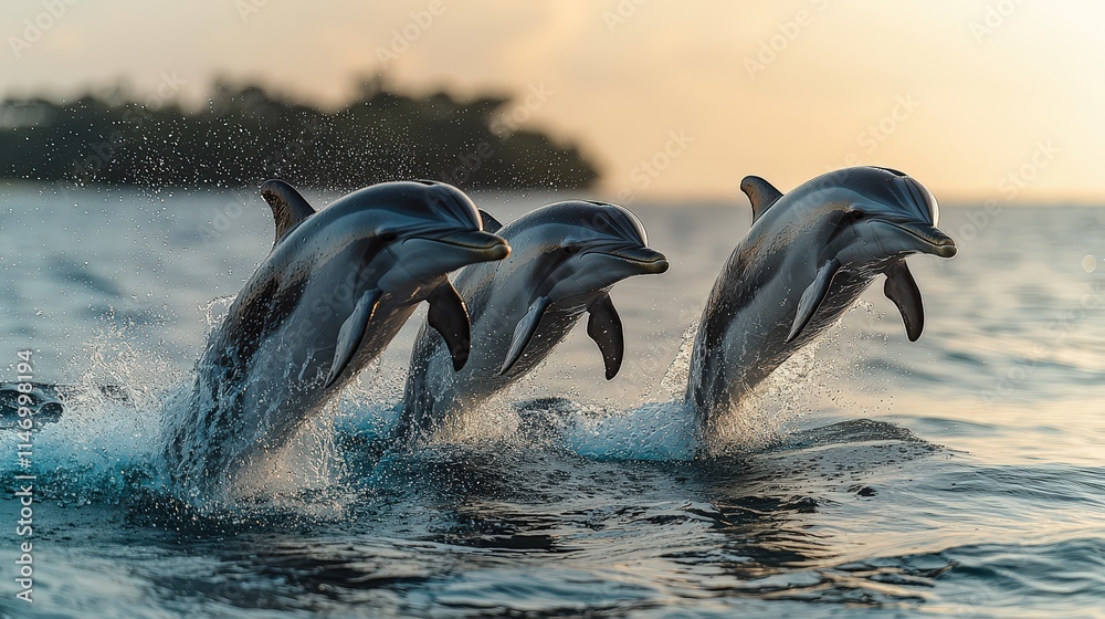 Obraz premium Playful dolphins at sunset in hawaiian waters