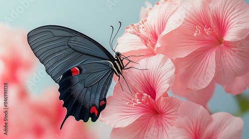 A macro shot of a black butterfly with red accents perched on soft pink hibiscus flowers